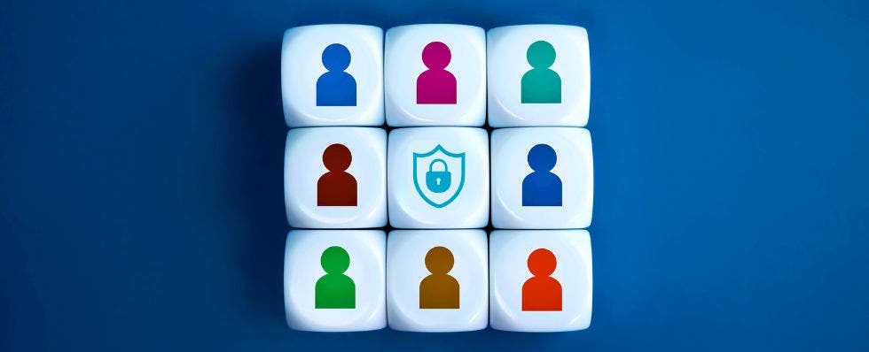 9 dices with icons of people and shield