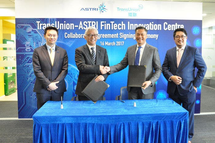 •	Caption: (From left) Dr. Duncan Wong, VP, Financial Technologies of ASTRI; Dr. Frank Tong, CEO of ASTRI; Mr. Lawrence Tsong, President of Asia Pacific, TransUnion; Mr. Samuel Ho, CEO, TransUnion Hong Kong, signed a MoU on March 16, 2017, at Hong Kong Science Park to establish a digital identity solutions laboratory 